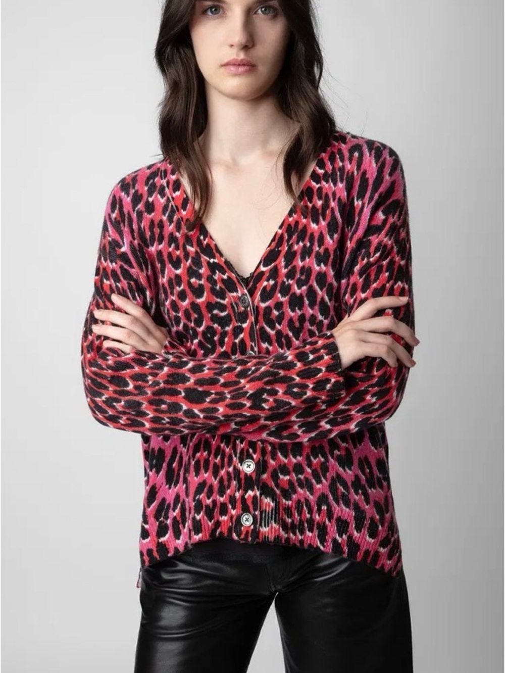 Zadig & Voltaire Mirka Leopard Print Cashmere Cardigan Pink Slouchy Size S